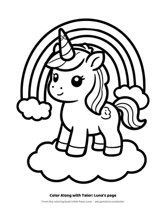 Luna the unicorn's coloring page: a baby unicorn on a cloud next to a rainbow