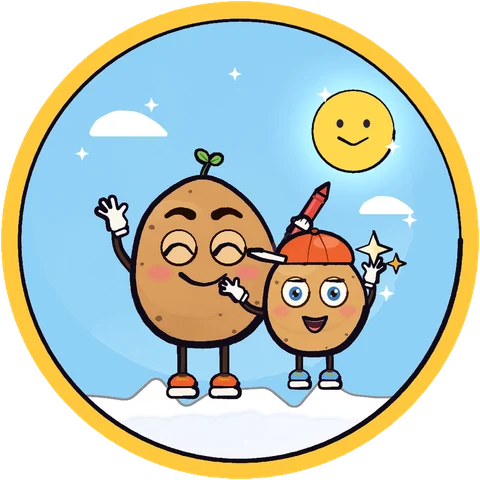 Tater and his son Chip, two cheerful cartoon potatoes, waving on a cloud in a sunny sky